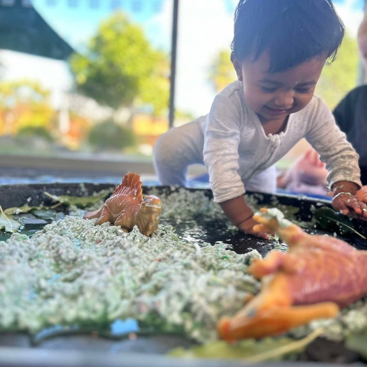 Baby playing with dinosaurs at Busy Bees Papamoa Beach